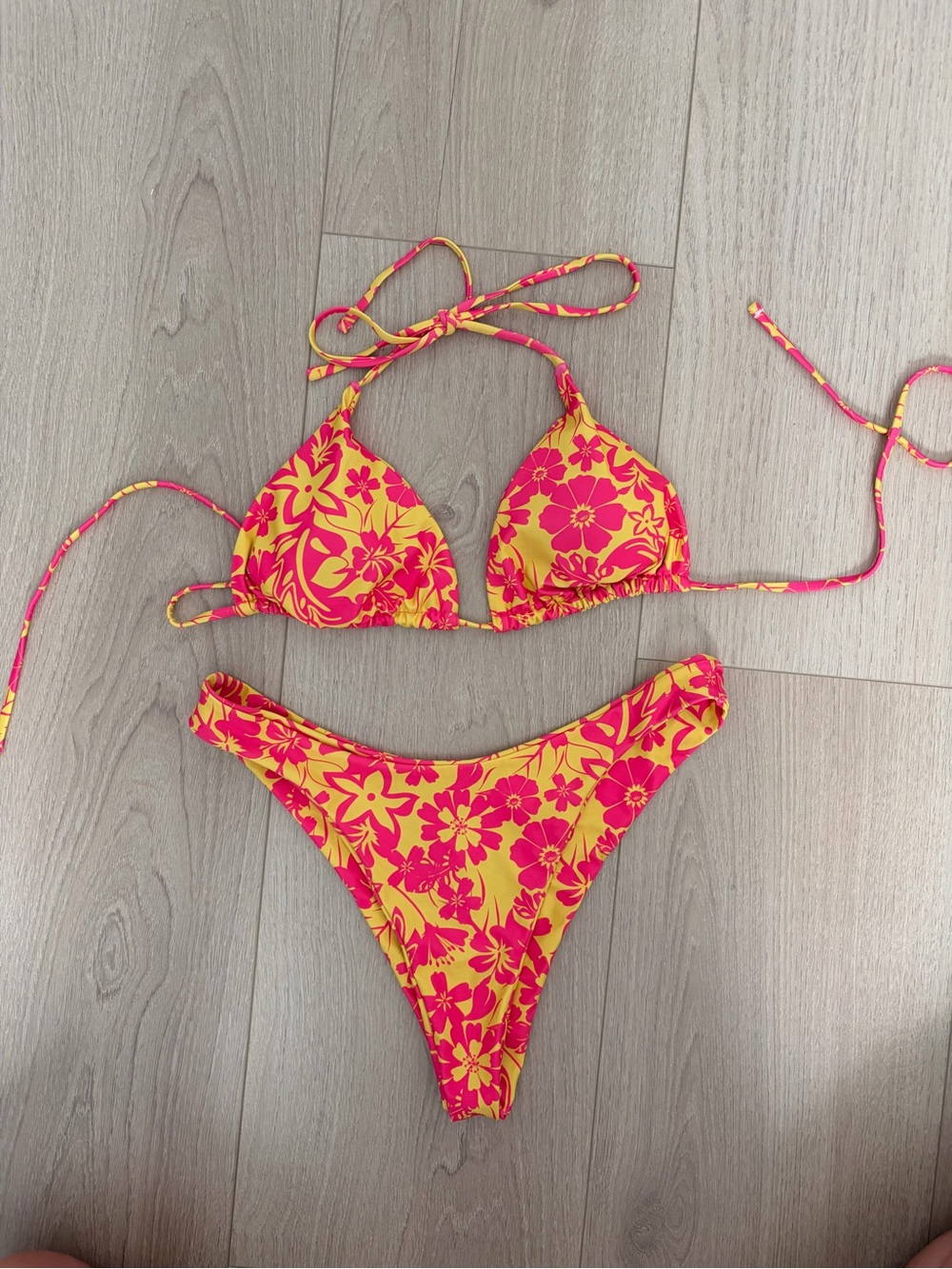 SHEIN Pink and Yellow Floral Triangle Bikini Set